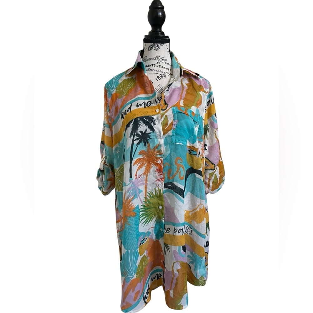 Violet Sky M Oversized Tropical Palm Print Longline Button Up Shirt Dress